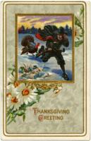 Thanksgiving Pilgrim being chased by Turkey Postcard, ca. 1910