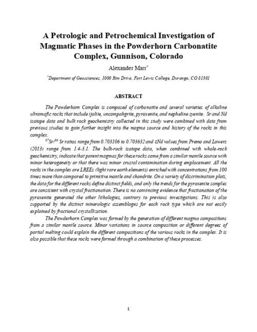 Thumbnail for 'A Petrologic and Petrochemical Investigation of Magmatic Phases in the Powderhorn Carbonatite Complex, Gunnison, Colorado'