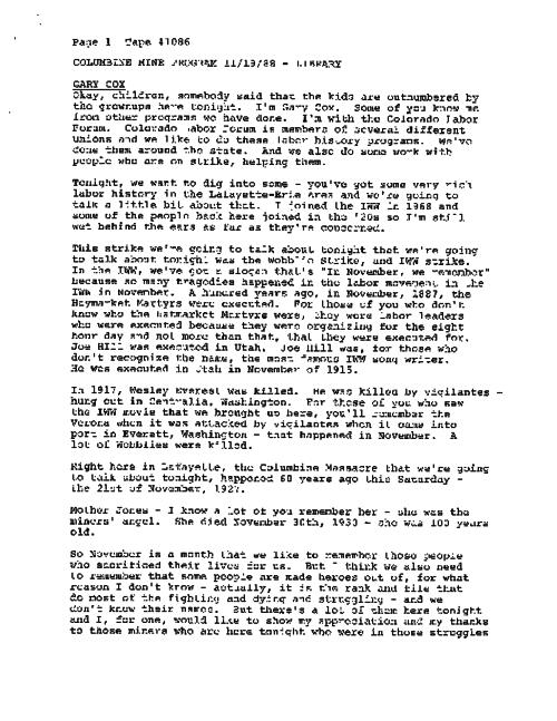 Columbine Mine Program Oral History Transcript