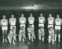 Thumbnail for 'The 1959-60 WSC basketball team poses for a team photograph in Mountaineer Gymnasium, ca. 1960.'