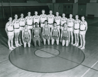 Thumbnail for 'A WSC (freshman?) basketball team poses for a photograph in Mountaineer Gymnasium, ca. 1962.'