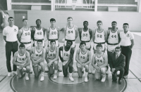 Thumbnail for 'A late-1960s WSC basketball team poses for a photograph in Mountaineer Gymnasium.  Bob Decker is head coach. Probably 1968.'