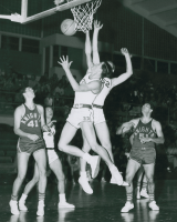 Thumbnail for 'Rebound action under the net during a WSC Mountaineer basketball game, ca. late 1960s.  Unknown opponent--possibly Norwood...'