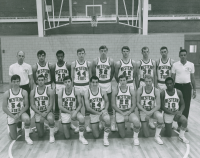 Thumbnail for 'The 1969-1970 WSC varsity basketball team pose for a photo in Wright Gymnasium, November 1969.'