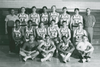Thumbnail for 'WSC's 1972 varsity team tied for third place in their division. Coaches Bob Decker and Paul Coleman pose for a photograph with...'