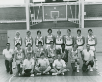Thumbnail for 'The 1973-74 WSC varsity basketball team poses for a photograph in Wright Gymnasium.'