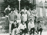 Thumbnail for 'A dapper 1982 WSC basketball team poses in their street clothes in front of the west steps of Taylor Hall.'