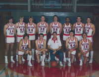 Thumbnail for 'Head basketball coach Rod Zentner poses with his 1982-83 varsity team in Wright Gymnasium.'