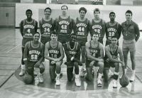 Thumbnail for 'A late-1980s WSC varsity basketball team poses for a photograph in Wright Gymnasium, ca. 1986.'
