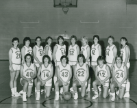 Thumbnail for 'The WSC women's basketball team poses for a photograph in Wright Gymnasium, ca. 1985.'