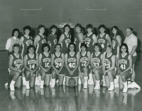 Thumbnail for 'The 1986 WSC women's basketball team poses for their yearbook photograph in Wright Gymnasium.'
