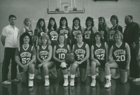 Thumbnail for 'Head coach Jim Hahn and assistant coach Chuck Terrell pose with the 1988 WSC women's basketball team for their Curecanti...'