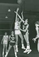 Thumbnail for 'The WSC women's basketball team in action against Colorado School of Mines in Wright Gymnasium, ca. mid-1980s.'