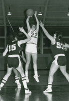 Thumbnail for 'A Mountaineer goes up for a layup against Colorado School of Mines in women's basketball, ca. mid-1980s.'
