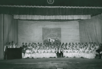 Thumbnail for 'The chorus of the Boots and Burros celebration pose for a photograph in Taylor Hall Auditorium, 1959.'