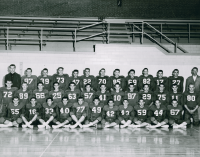 Thumbnail for 'The 1955 WSC football team poses for the Curecanti photograph in Mountaineer Gymnasium'