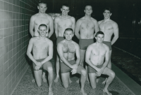 Thumbnail for 'Members of the WSC men's swim team pose for a photograph, ca. 1963.'