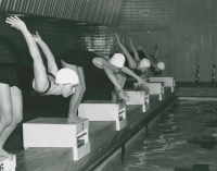 Thumbnail for 'WSC women's swim team action, Mountaineer Gymnasium pool, ca. 1960s.'