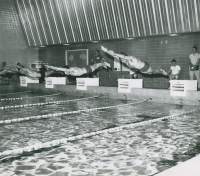 Thumbnail for 'Western State beat Colorado School of Mines 56 to 48 during their 1967-68 swim meet at Mountaineer Gymnasium pool.'