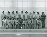 Thumbnail for 'A WSC men's swim team poses for a group photograph poolside in Wright Gymnasium, ca. 1975.'