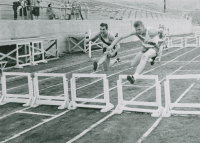 Thumbnail for 'A Mountaineer hurdler competes at the Colorado School of Mines field, ca. 1957.'