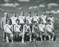 Thumbnail for 'Head coach Paul Wright poses in Mountaineer Bowl with his 1962-63 Track team for their 1963 Curecanti photograph.'