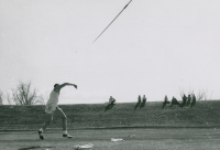 Thumbnail for 'A javelin competitor launches his projectile in Mountaineer Bowl track and field competition, ca. early 1960s.'