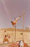 Thumbnail for 'A WSC pole vaulter has more to go to clear the bar in Mountaineer Bowl track and field competition, 1977.'