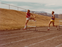 Thumbnail for 'Late spring track and field Hurdles competition in Mountaineer Bowl, 1978.'