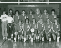 Thumbnail for 'Head Volleyball coach Virginia Harris poses with the 1985 Volleyball team for their Curecanti photograph in Wright Gymnasium.'