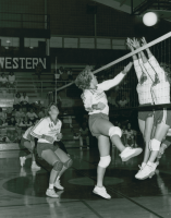 Thumbnail for 'The opposing team attempts to block a WSC shot during volleyball action in Wright Gymnasium, 1985.'