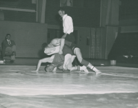 Thumbnail for 'Wrestling action in Mountaineer Gymnasium.  Photo is dated 1956.'