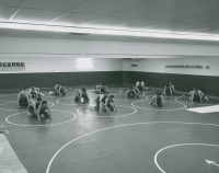 Thumbnail for 'WSC wrestlers pair off for practice and a photograph in Mountaineer Gymnasium, ca. 1972.'