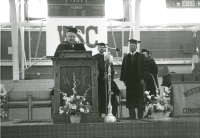 Thumbnail for 'William Hamilton at podium at WSC commencement, Paul Wright Gymnasium, ca. 1989'