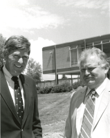 Thumbnail for 'President William Hamilton and U.S. Senator Tim Wirth in front of Escalante Complex, ca. 1990.'