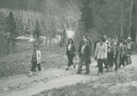 Thumbnail for 'Professor Rocky Rockwell leads a group of Hiking and Outing members on a late-spring walk, circa late 1940s.'
