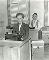 Thumbnail for 'Two students use Dictaphone machines in their Office Machines class, Taylor Hall, circa 1950.'