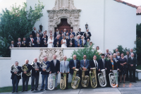 Thumbnail for 'Members of a WSC-Colorado Brass Band pose at the south entrance of Leslie J. Savage Library, ca. early 2000s.'