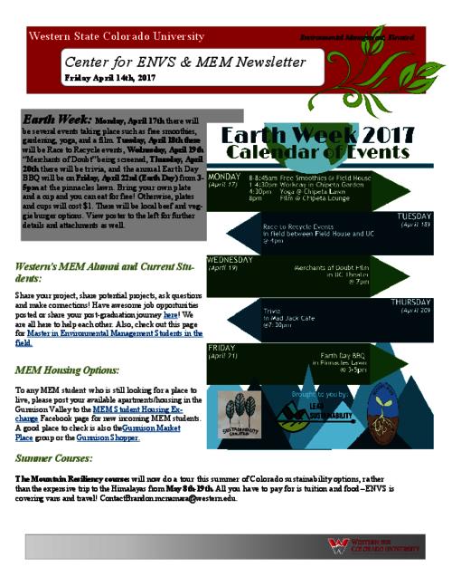 Center for ENVS & MEM Newsletter, April 14, 2017