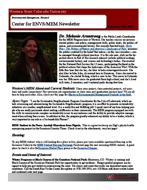 Center for ENVS & MEM Newsletter, February 24, 2017