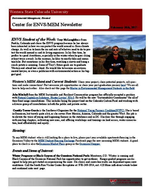 Center for ENVS & MEM Newsletter, February 10, 2017