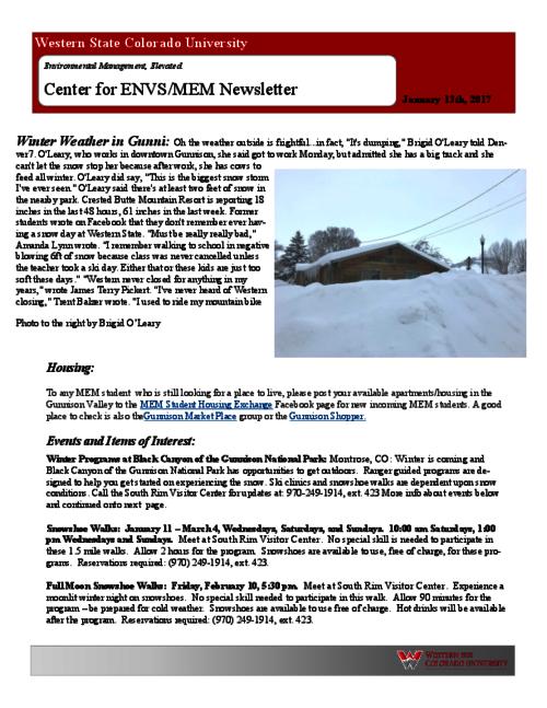 Center for ENVS & MEM Newsletter, January 13, 2017