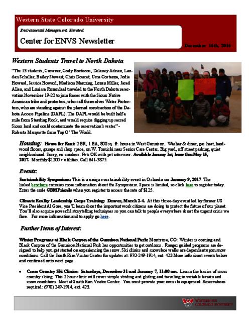 Center for ENVS & MEM Newsletter, December 16, 2016