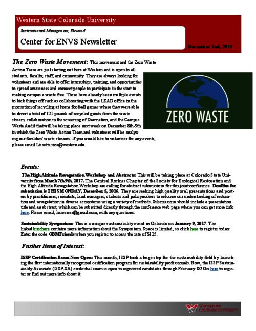 Center for ENVS & MEM Newsletter, December 2, 2016