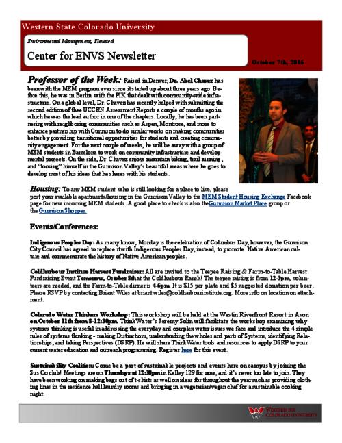 Thumbnail for 'Center for ENVS & MEM Newsletter, October 7, 2016'