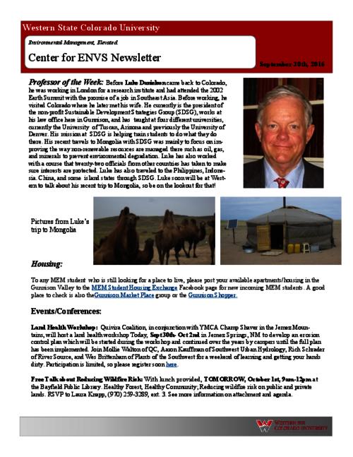 Thumbnail for 'Center for ENVS & MEM Newsletter, September 30, 2016'