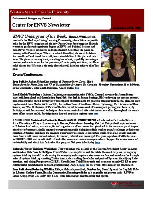 Thumbnail for 'Center for ENVS & MEM Newsletter, September 23, 2016'