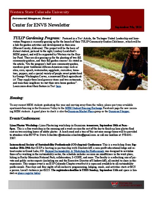 Thumbnail for 'Center for ENVS & MEM Newsletter, September 9, 2016'