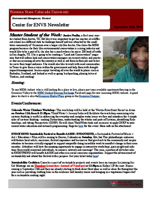 Thumbnail for 'Center for ENVS & MEM Newsletter, September 16, 2016'