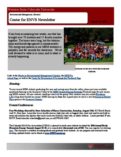 Center for ENVS & MEM Newsletter, August 12, 2016
